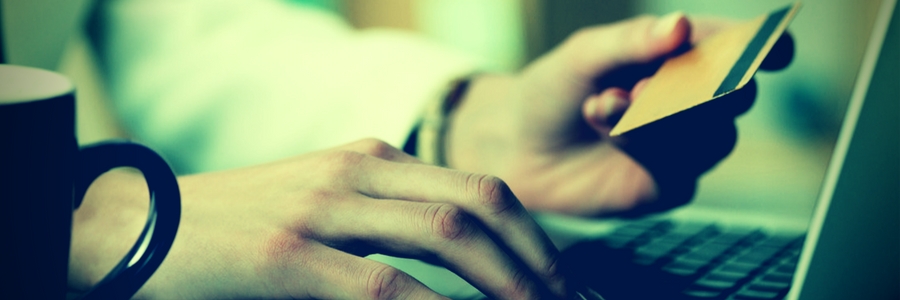 person putting credit card information into a laptop