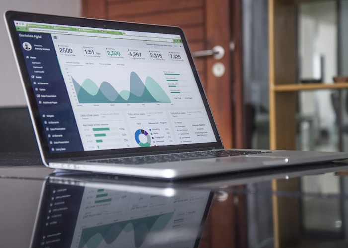 Business metrics and charts on screen